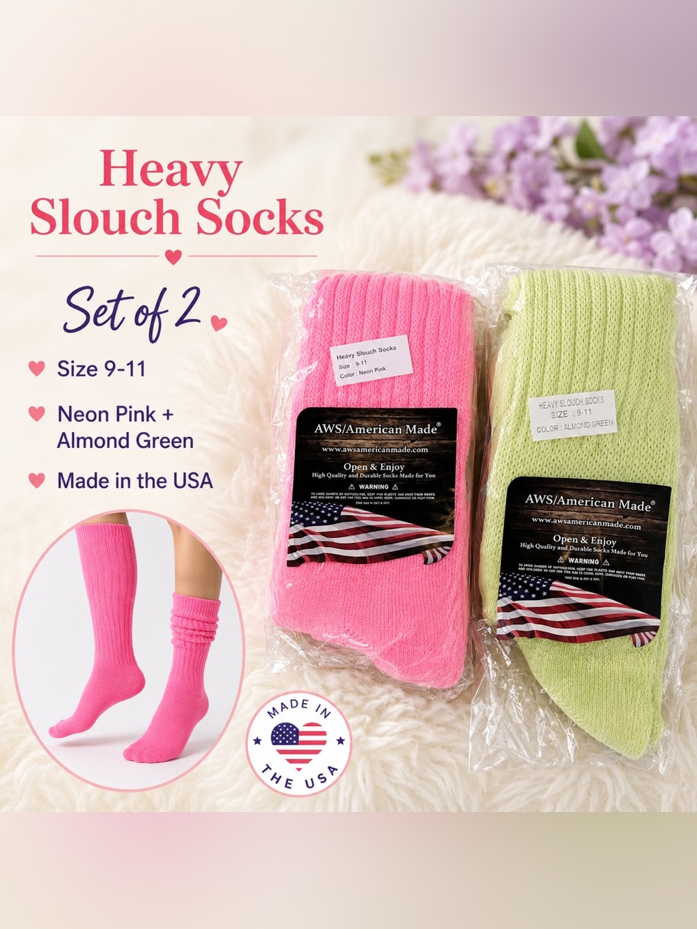 AWS Neon Pink and Neon green Heavy Slouch Socks - Set of 2